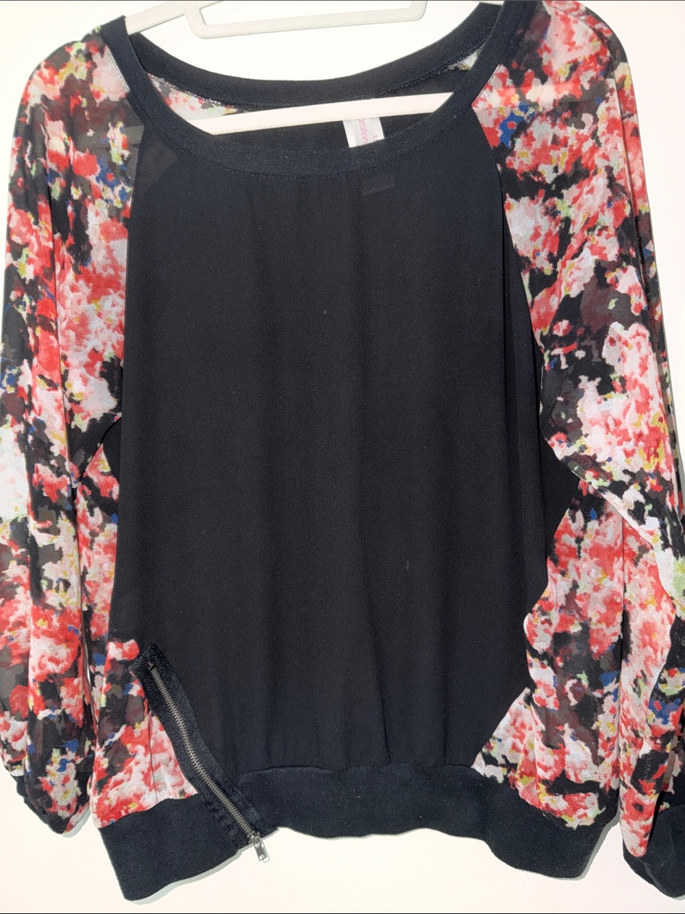 Black Top with Coral Floral Sheer Panels